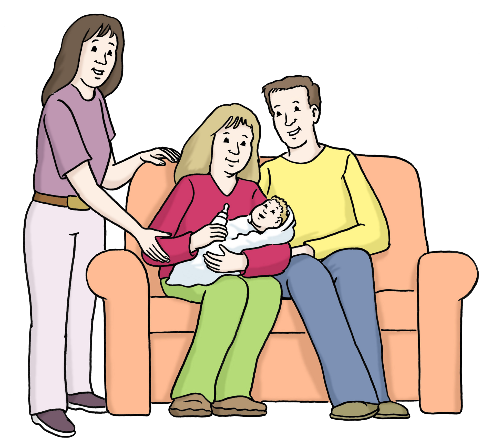 Eine Frau und ein Mann sitzen mit einem Baby auf dem Arm auf einem Sofa. Eine junge Frau steht daneben. 
