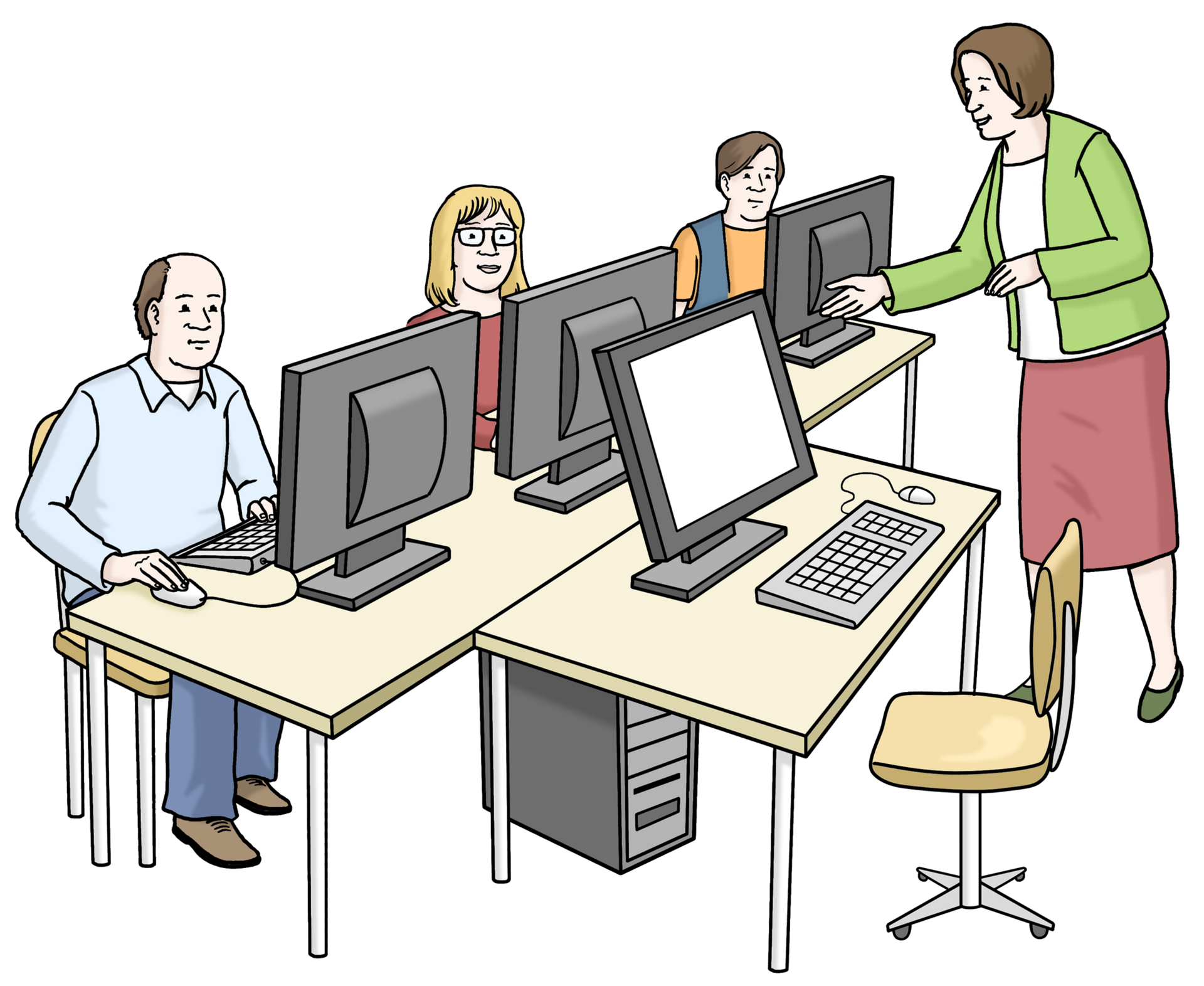 Drei Personen sitzen an Computern. Eine Frau steht ihnen gegenüber an einem Computer und redet. 