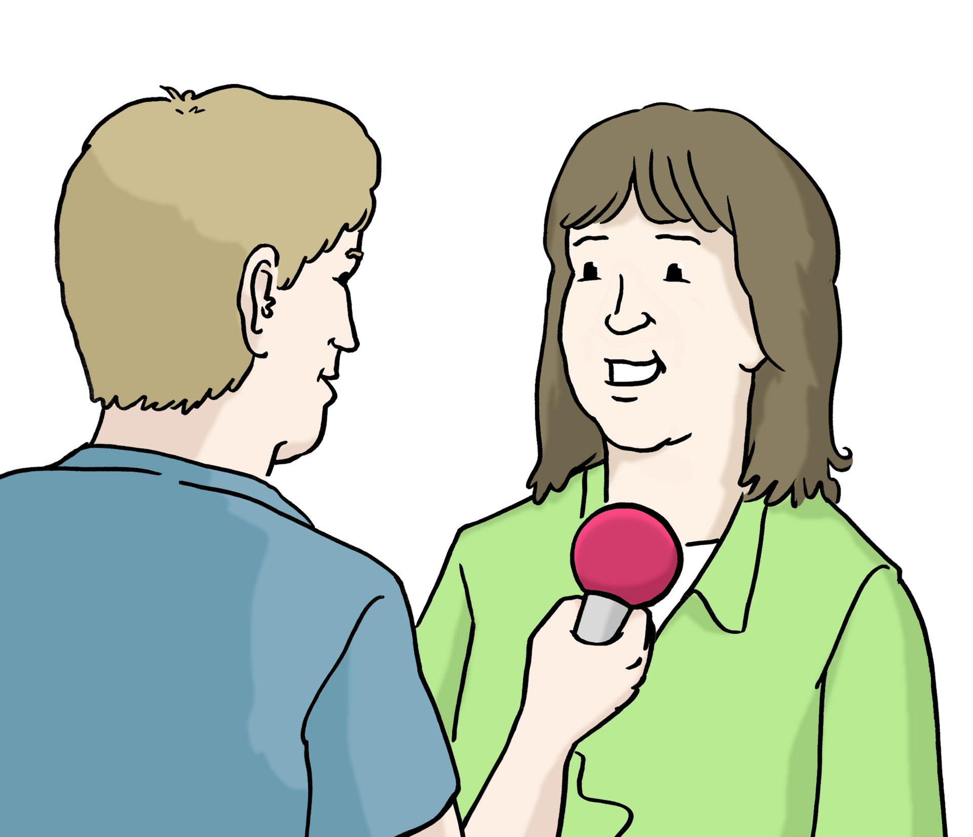 Illustration von einer Frau und einem Mann. Die Frau spricht in ein Mikrofon, das ein Mann hält.  