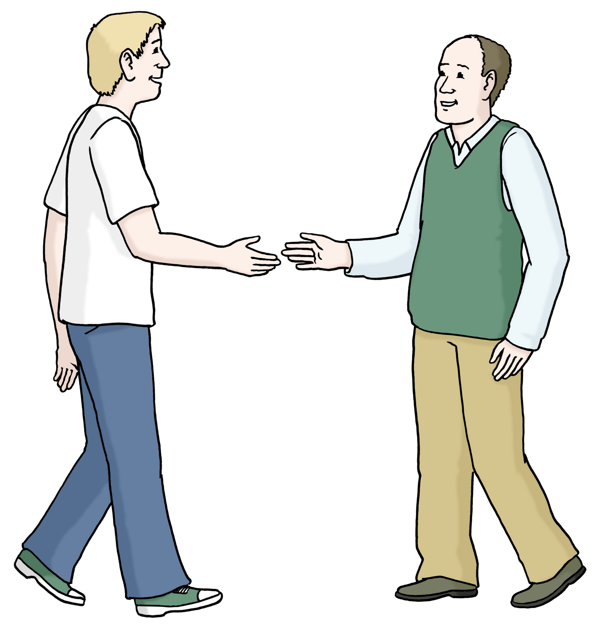 Zwei Männer gehen aufeinander zu. Sie haben jeweils eine Hand der anderen Person entgegengestreckt.