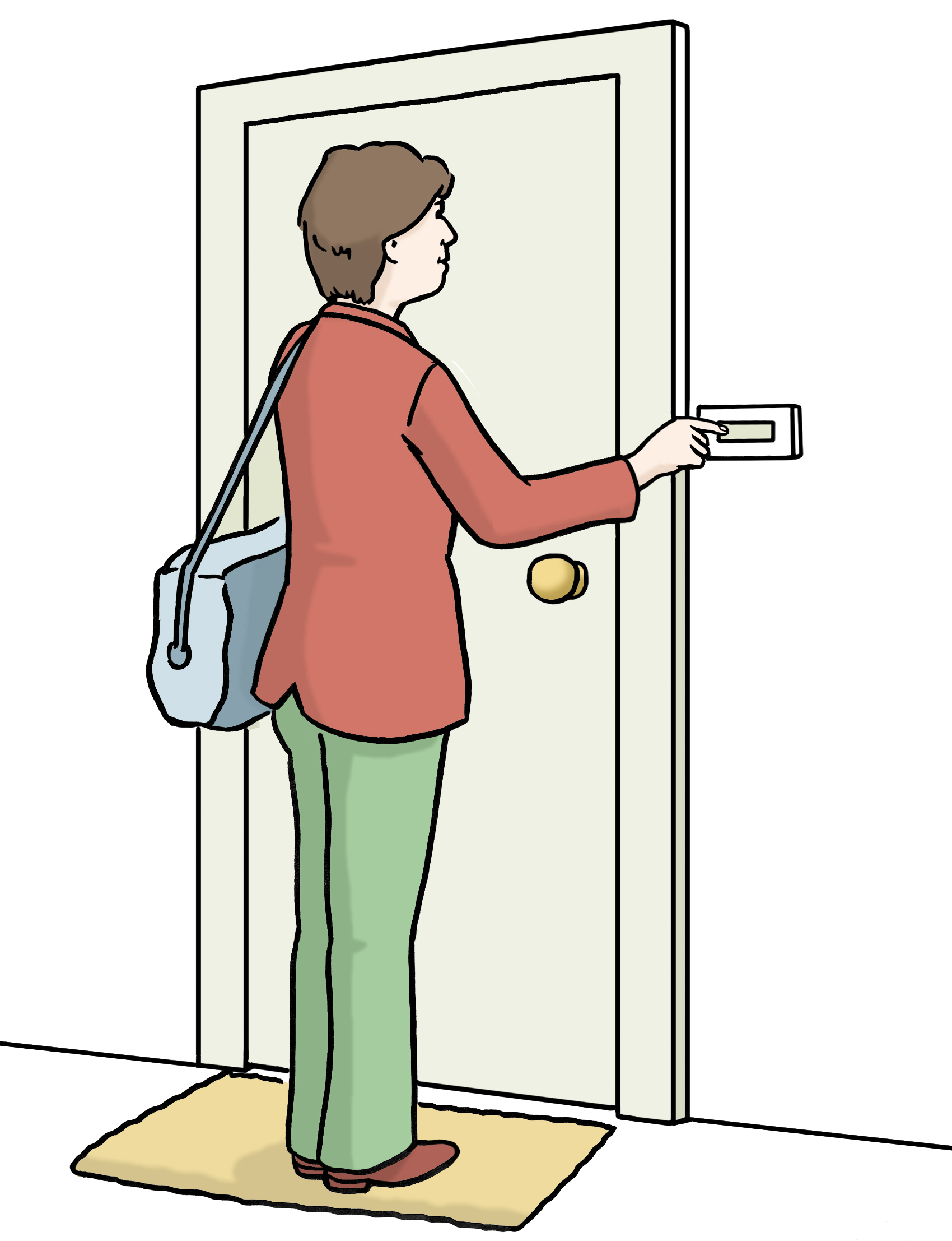 Eine Frau mit einer Tasche klingelt an einer Wohnungstür. 