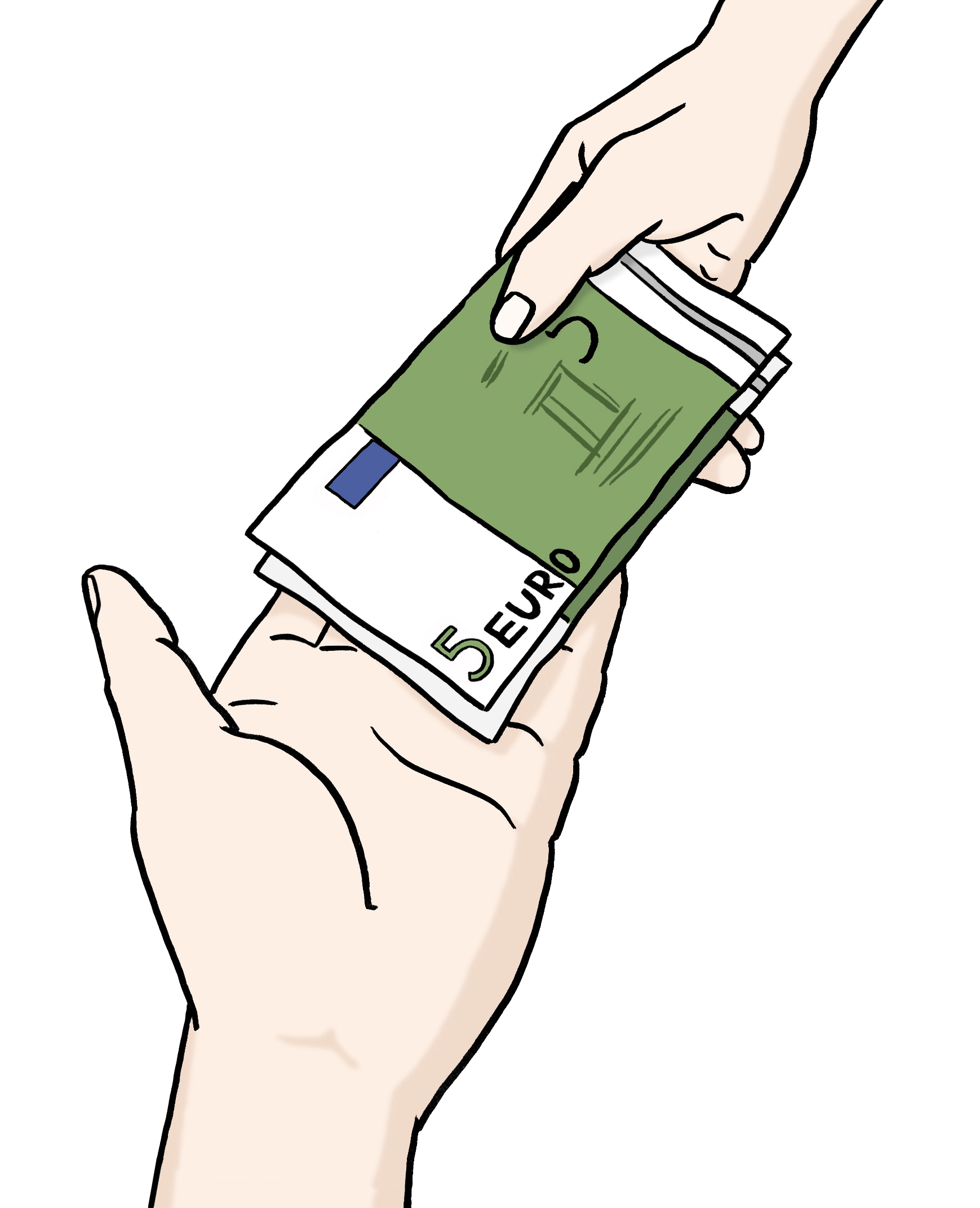 Eine Hand legt auf eine andere geöffnete Hand Geldscheine.